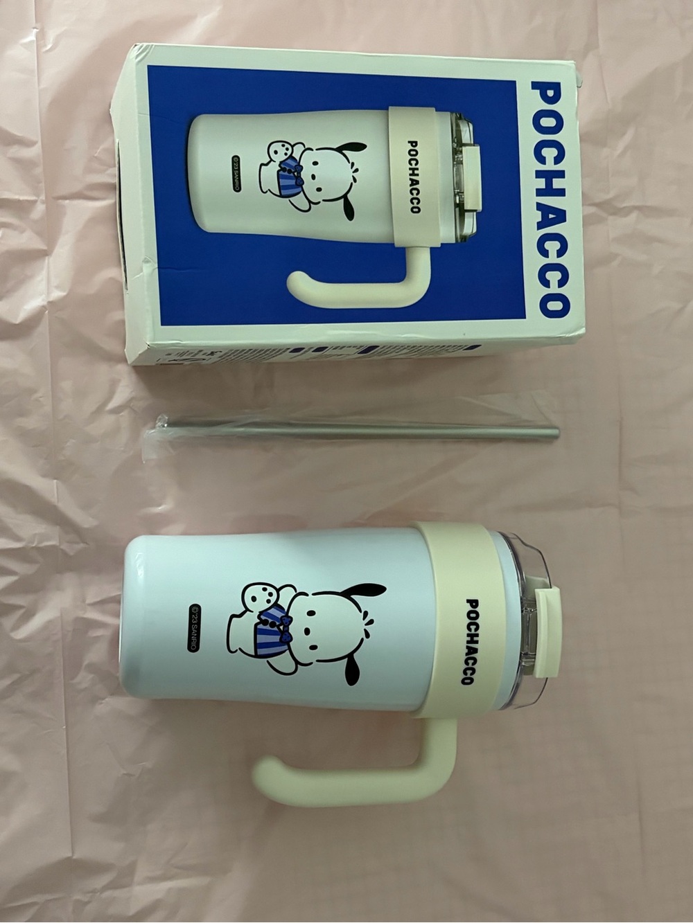 Sanrio Pochacco White and Cream Travel Tumbler with Straw
